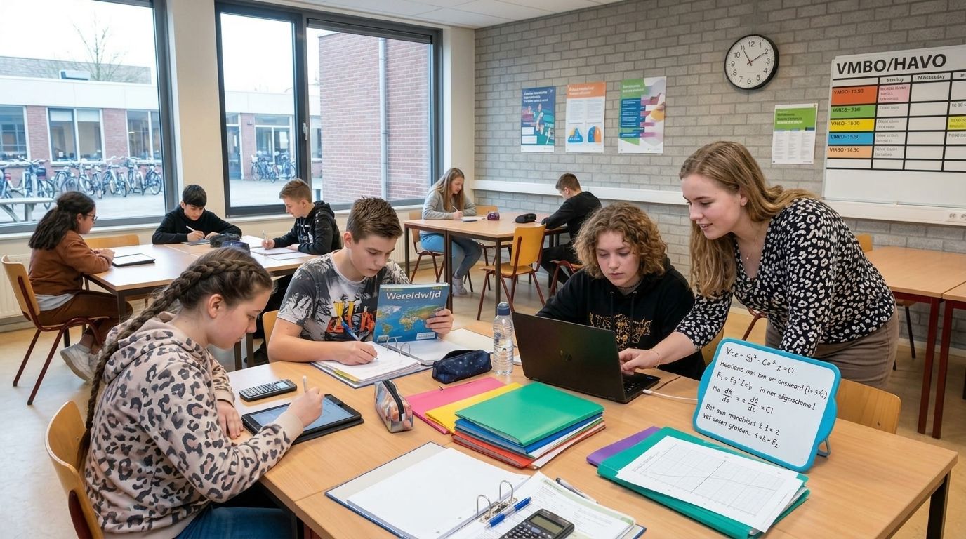 Student begeleidt leerlingen in de klas