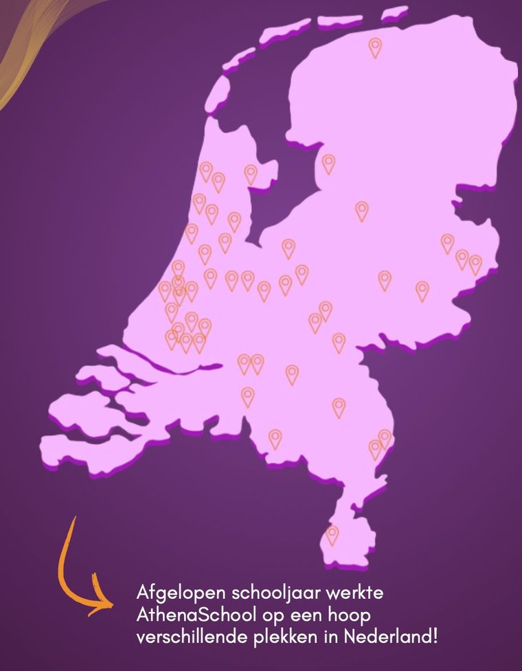 Nederland-kaart met de plekken waar AthenaSchool afgelopen schooljaar werkte